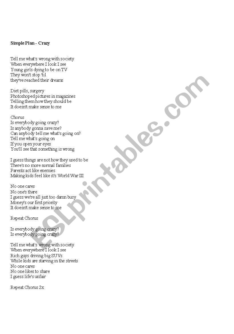 English worksheets: lyric of the song Crazy by Simple Plan