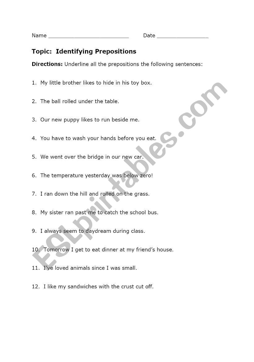 Preposition exercise worksheet