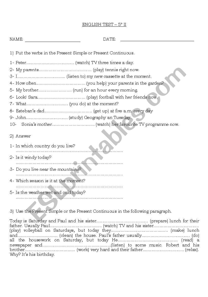 english test worksheet