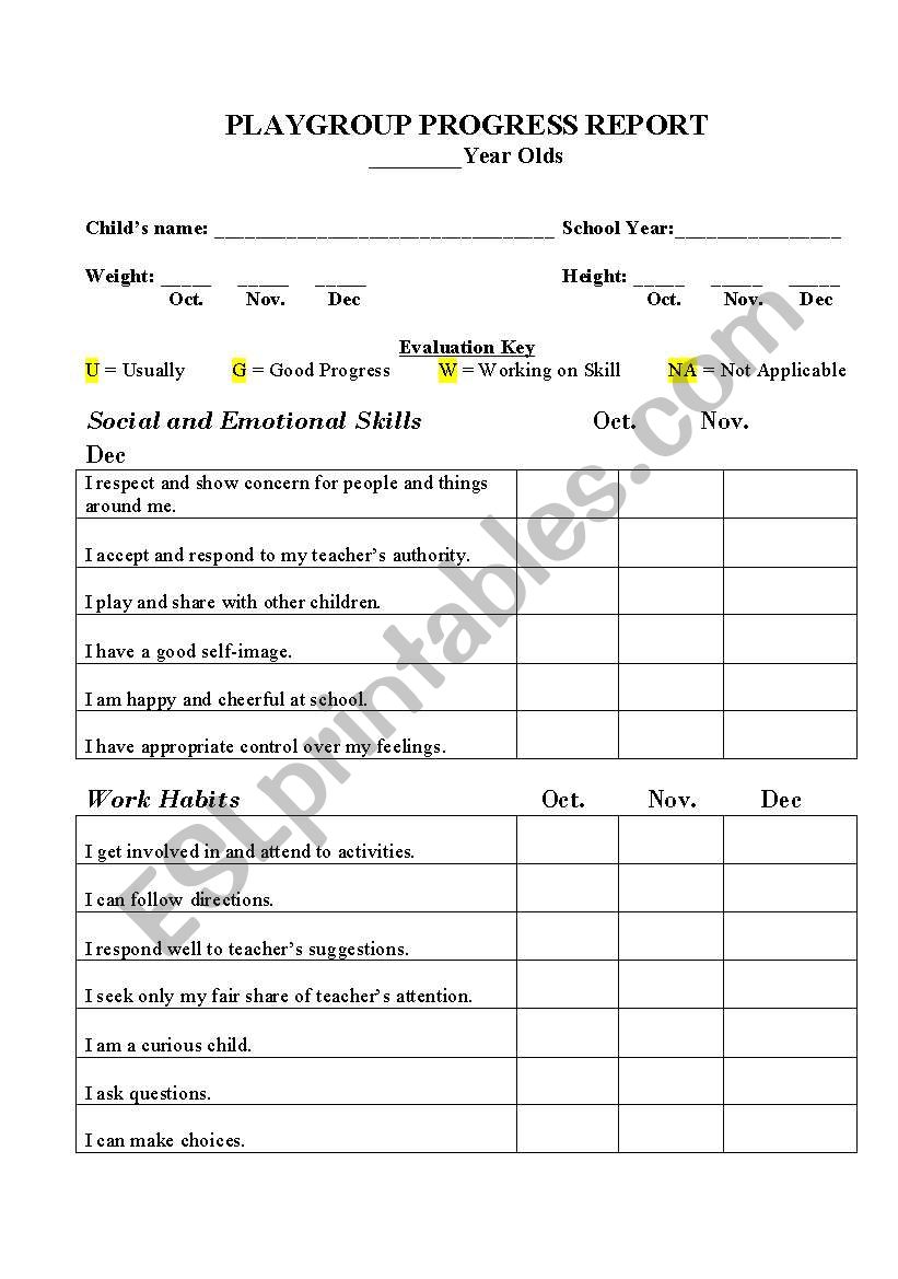 Playgroup progress report worksheet