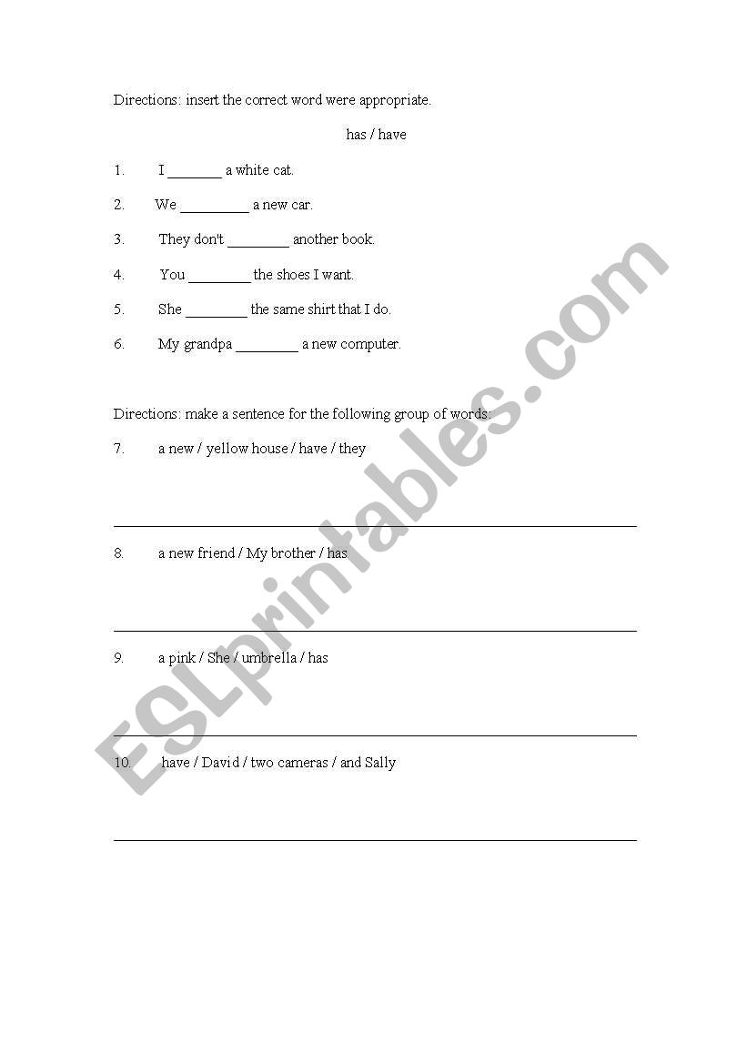 Has Have excersize worksheet