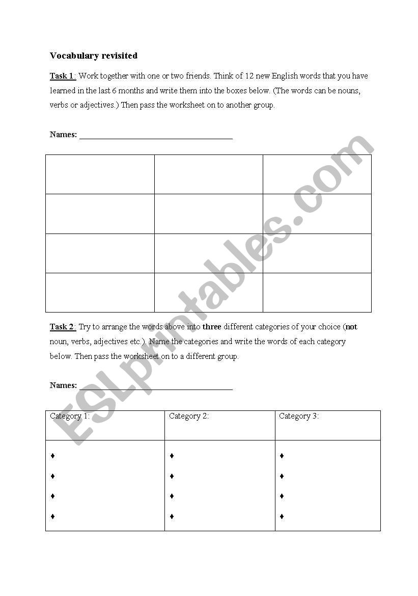 Vocabulary Revision worksheet