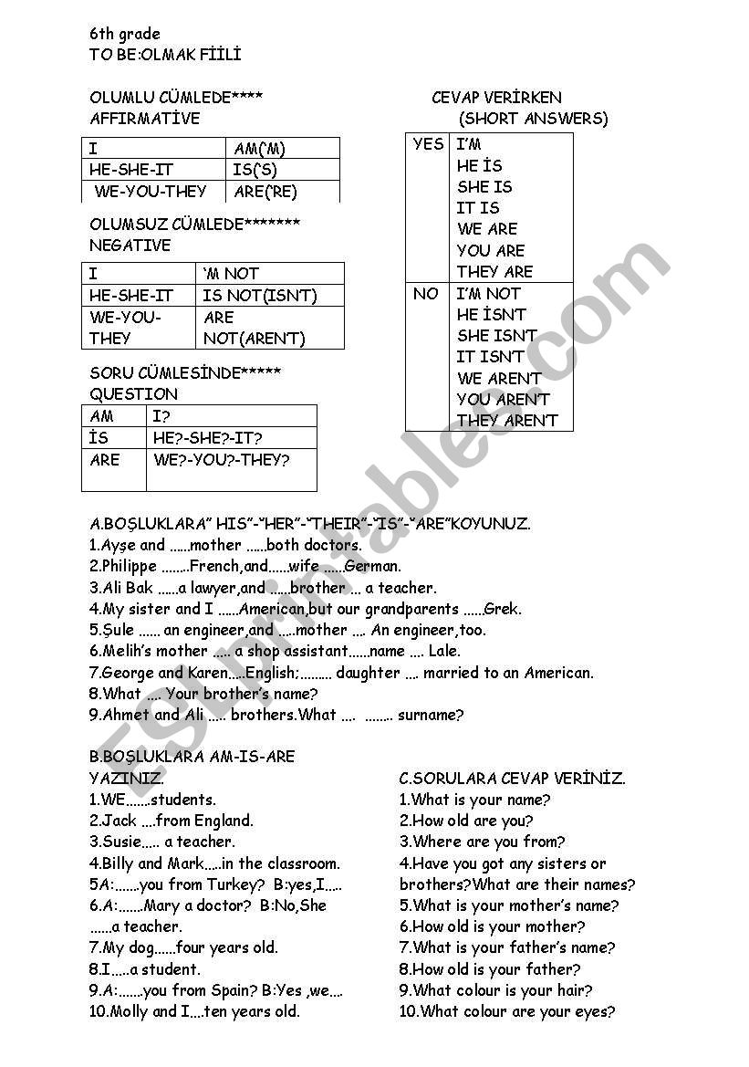 to be -present worksheet