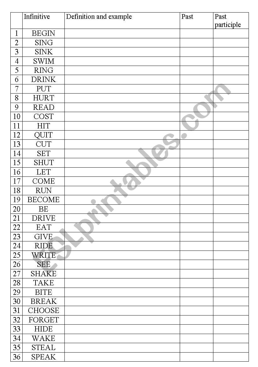 IRREGULAR VERBS INVESTIGATION worksheet