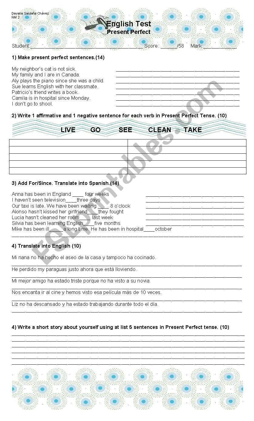 Present Perfect Test ESL Worksheet By Dayana Salda a