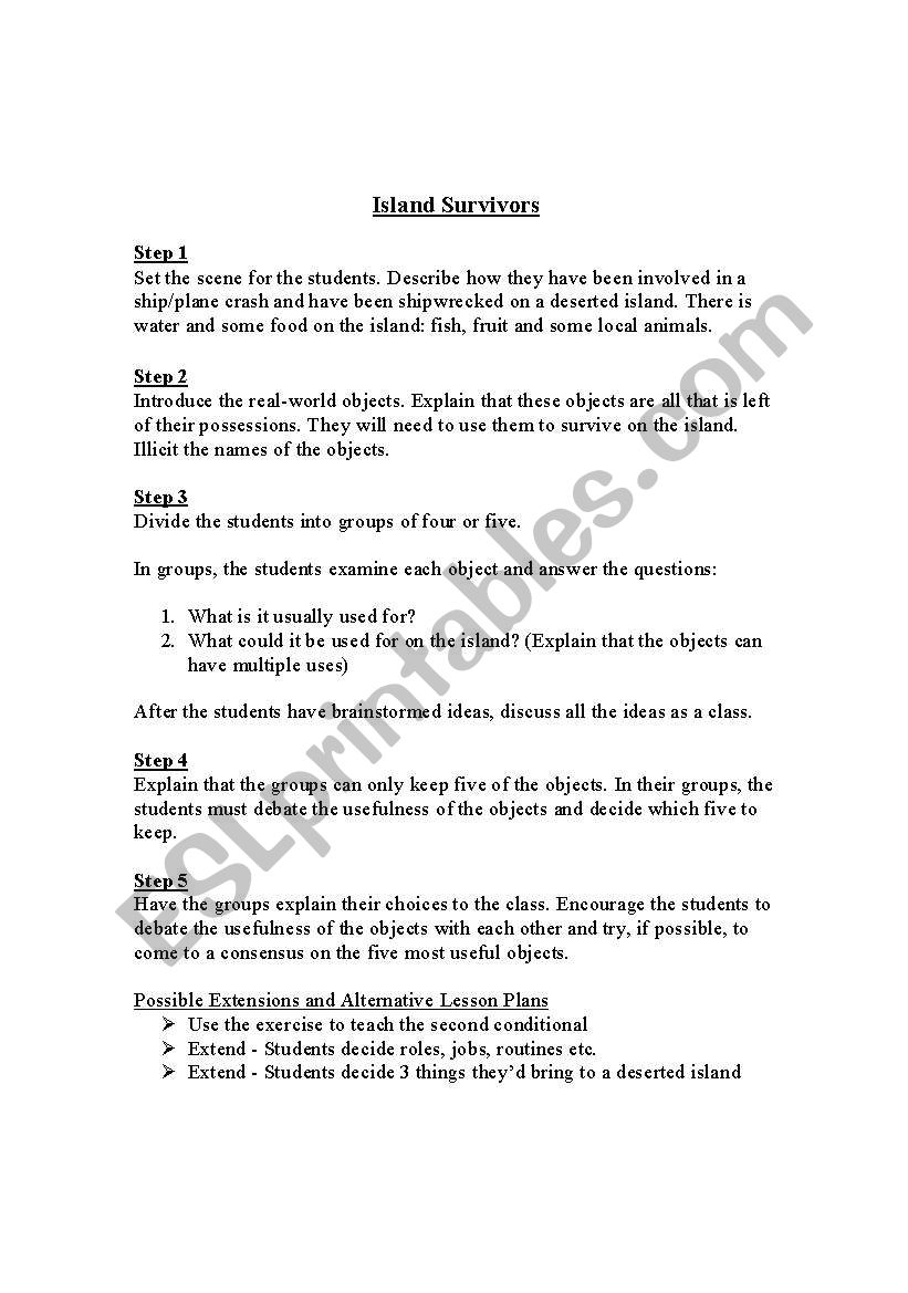 Island Survivors worksheet