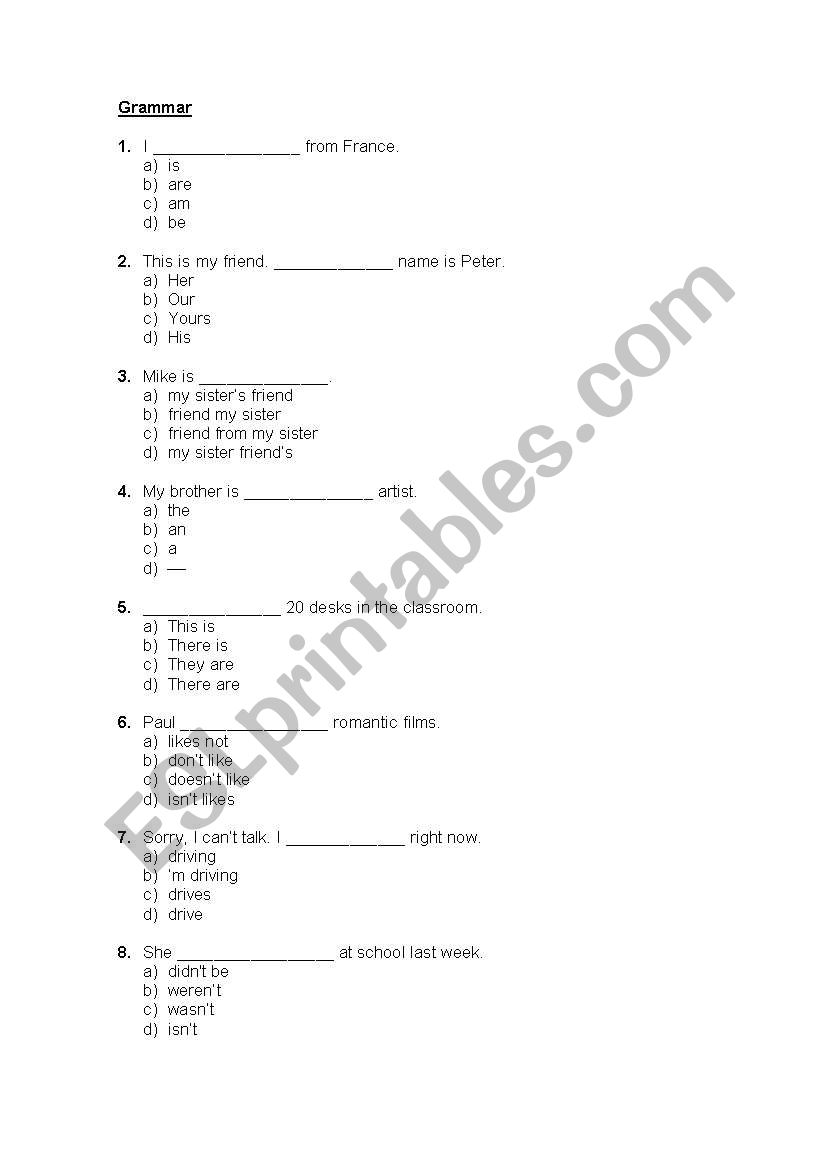 General level test worksheet