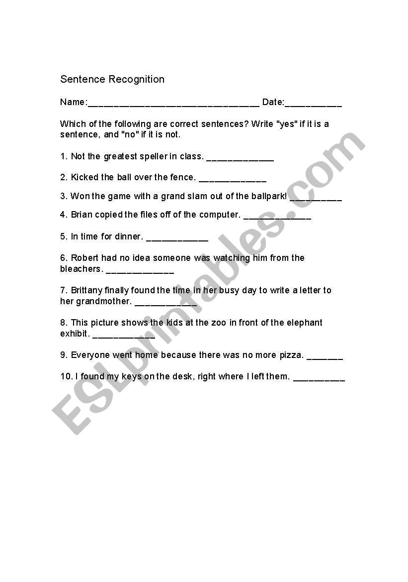 Sentence Recognition worksheet