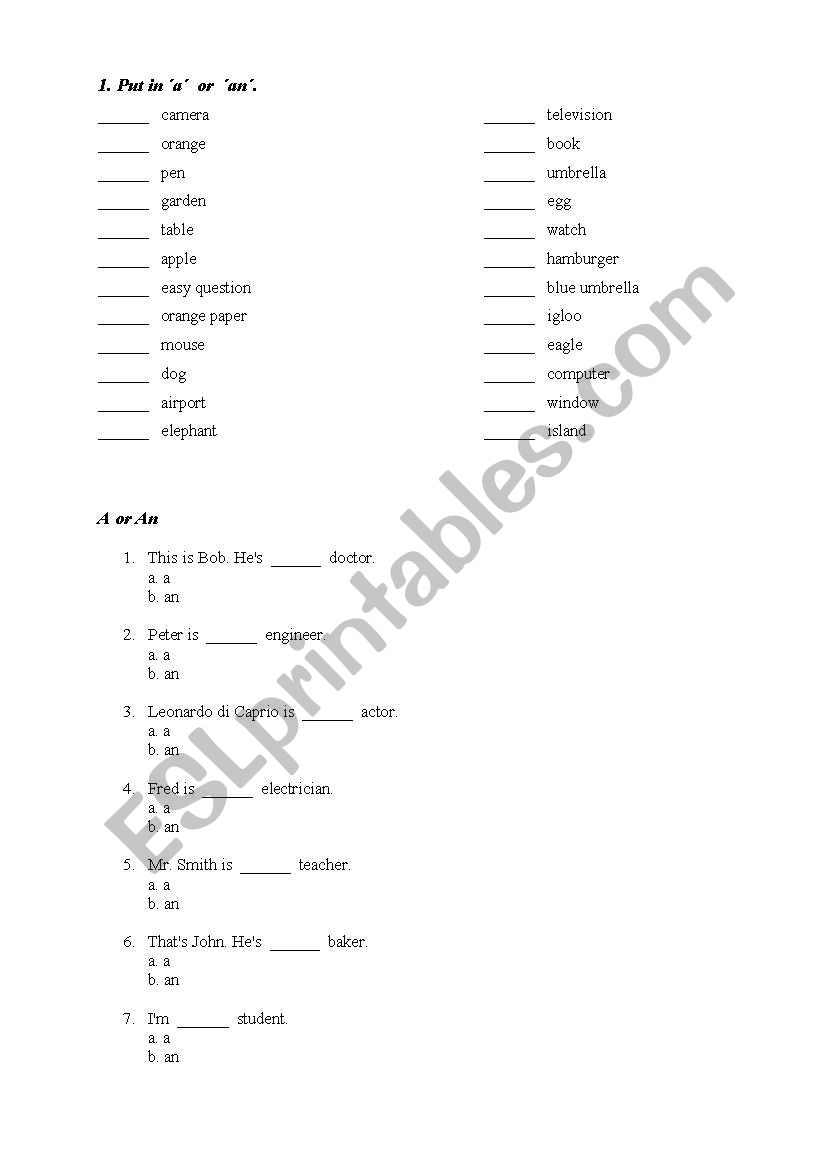 A or AN? worksheet