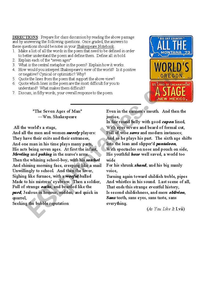 Shakespeare´s "The Seven Ages of Man" activity - ESL worksheet by Inside Seven Ages Of Man Worksheet