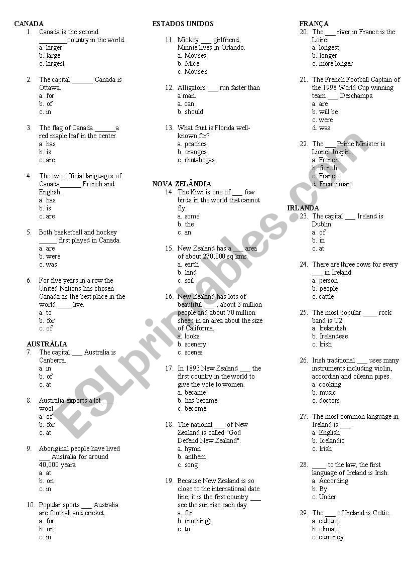 quiz country worksheet