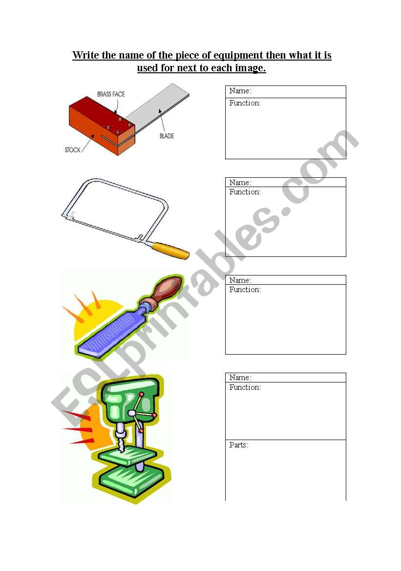 Equipment in the workshop  worksheet