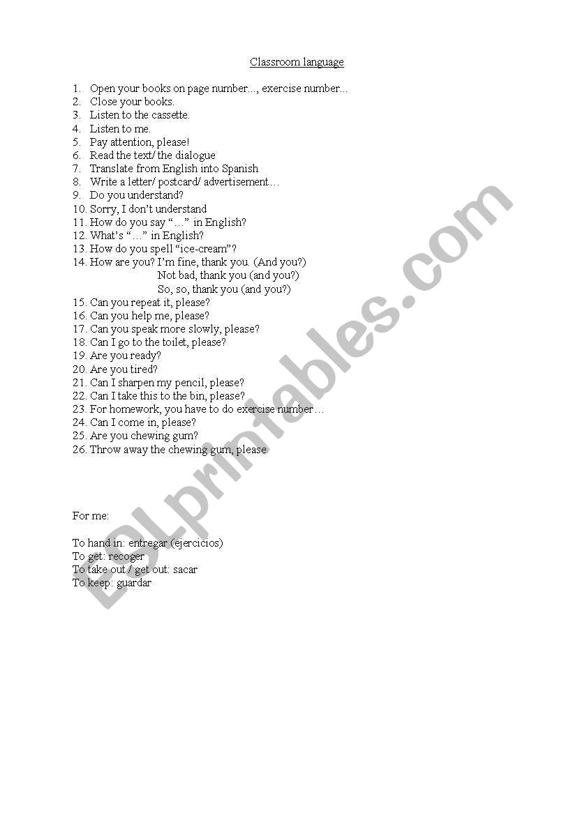 Classroom language worksheet