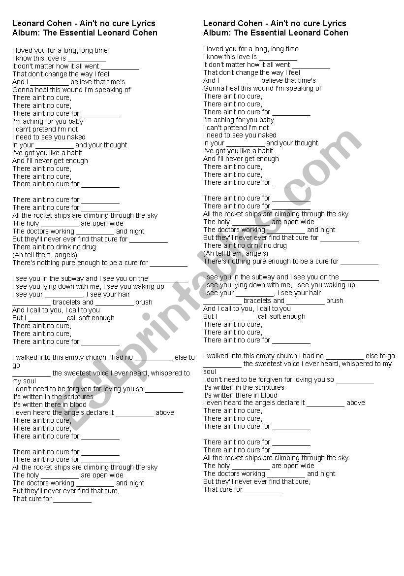 L.Cohen - Cure for Love worksheet