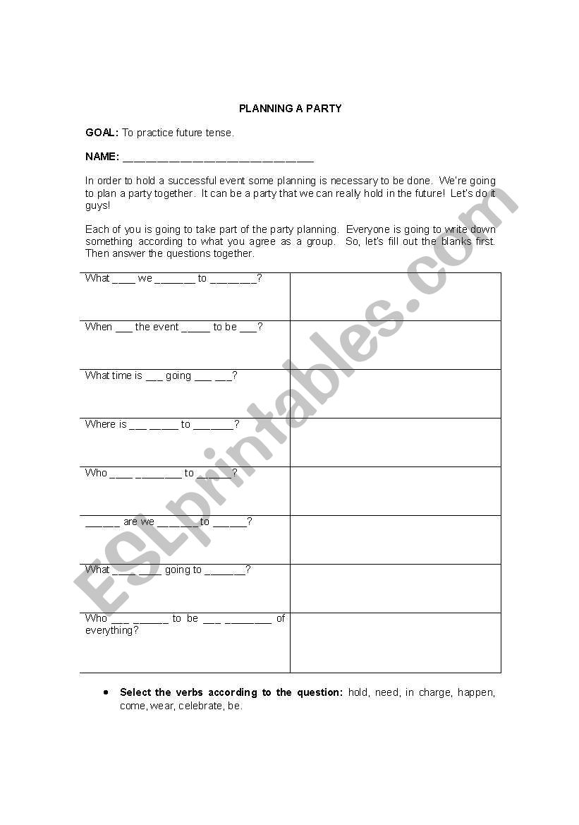 PLANNING A PARTY worksheet