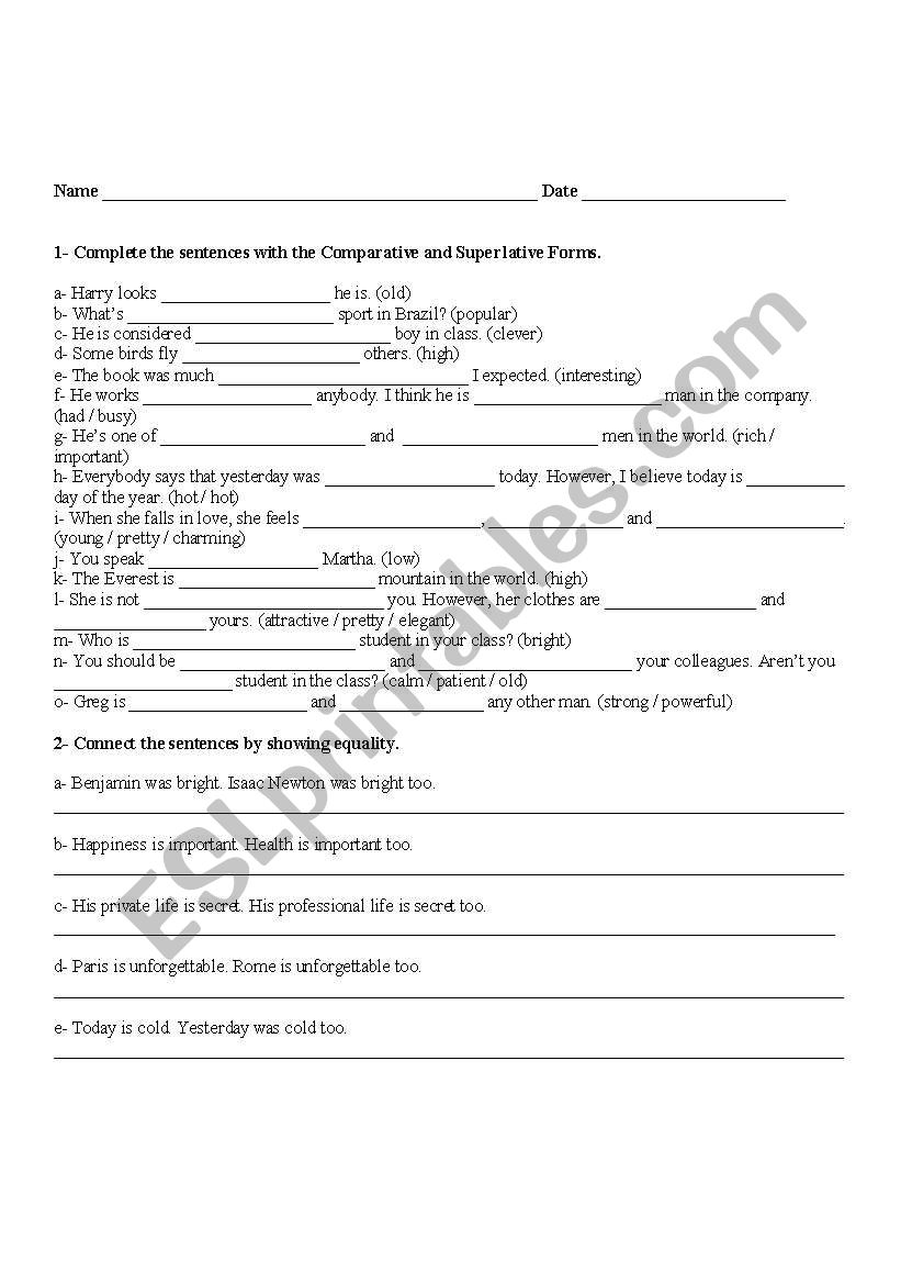 Comparative and Superlative worksheet