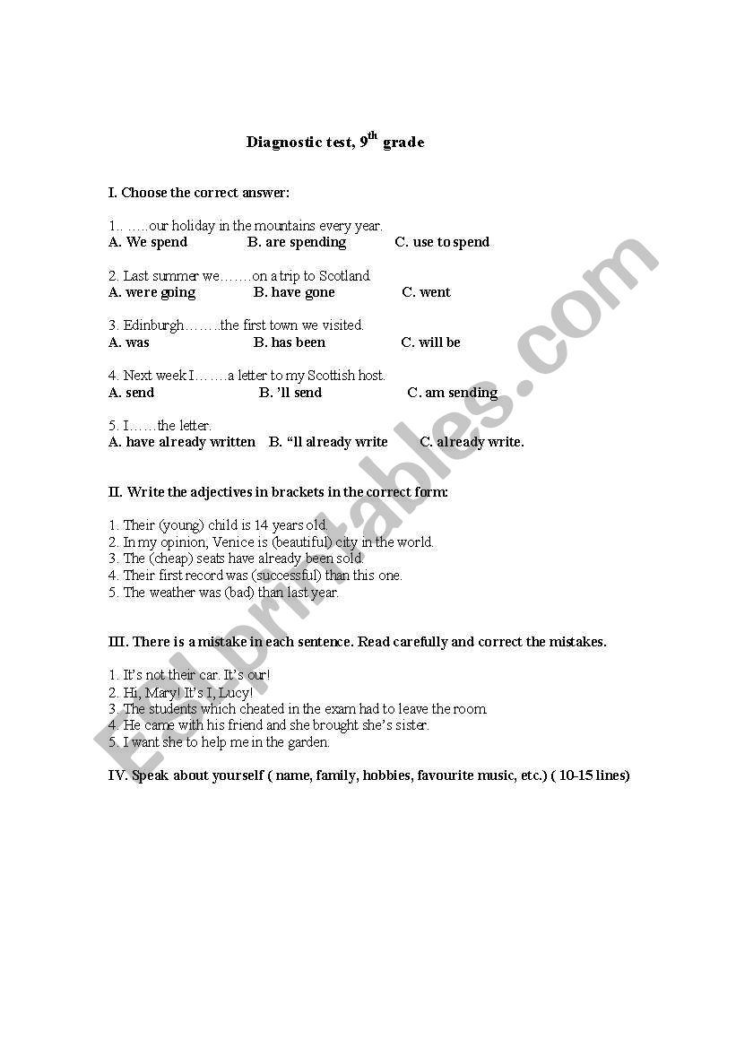 diagnostic test, 9th grade worksheet