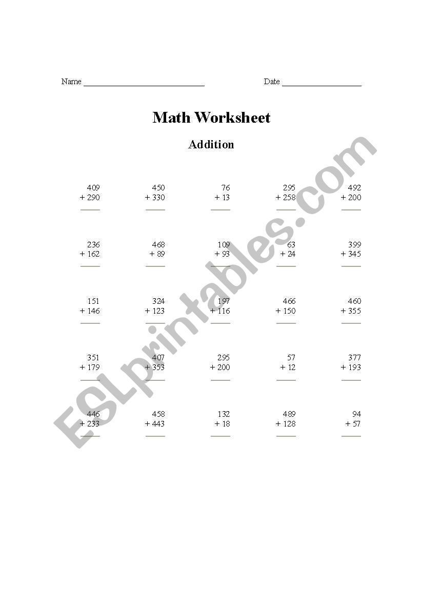 English Worksheets Maths Addition Worksheet