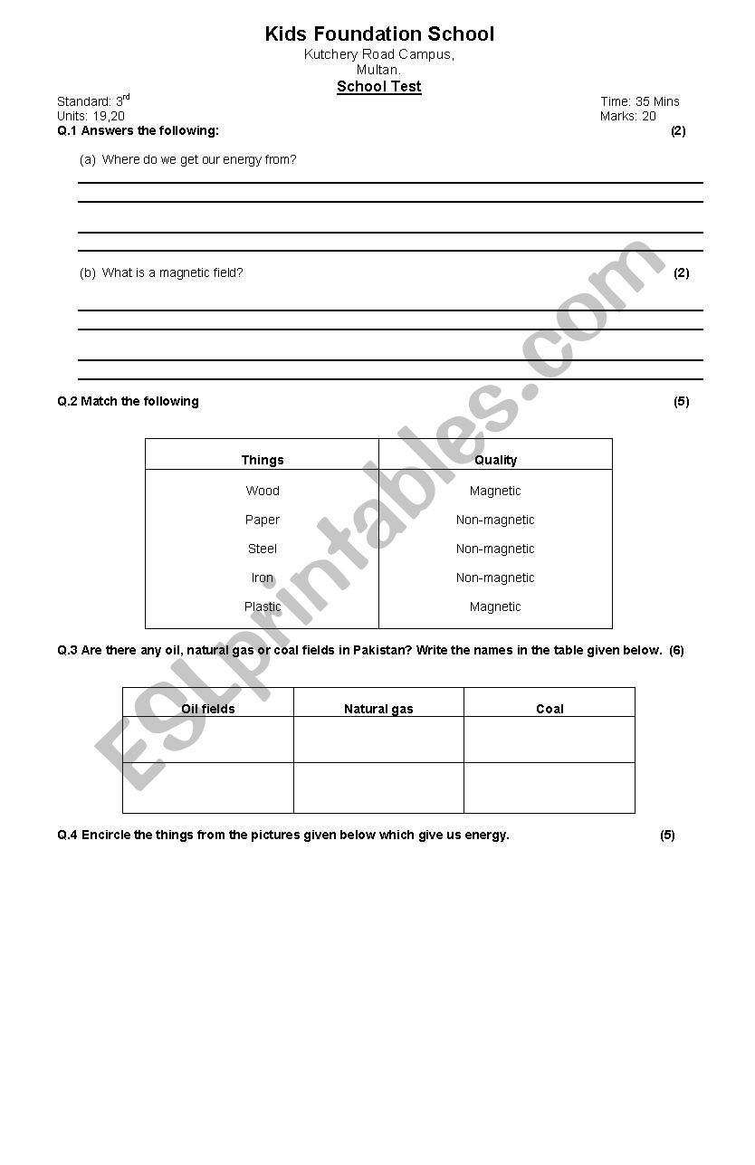 Energy worksheet