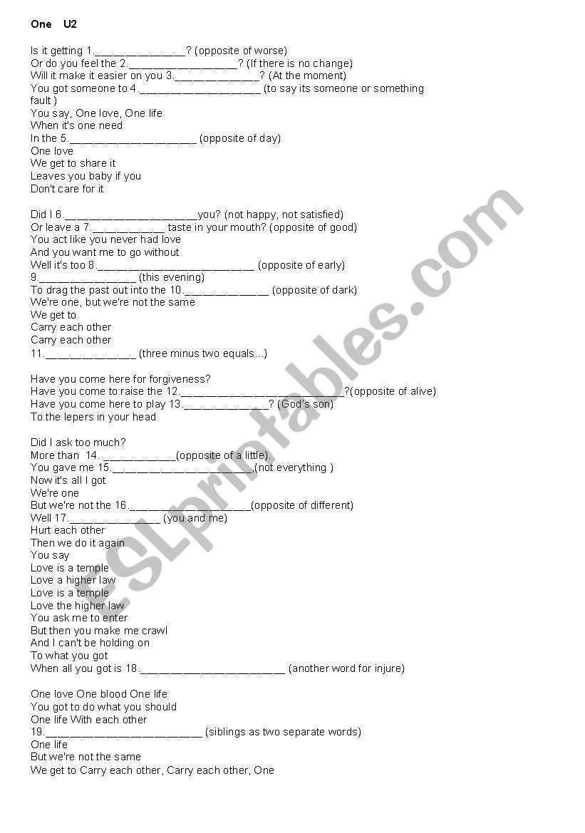 U2 ONE COMPLETE THE CLUES worksheet