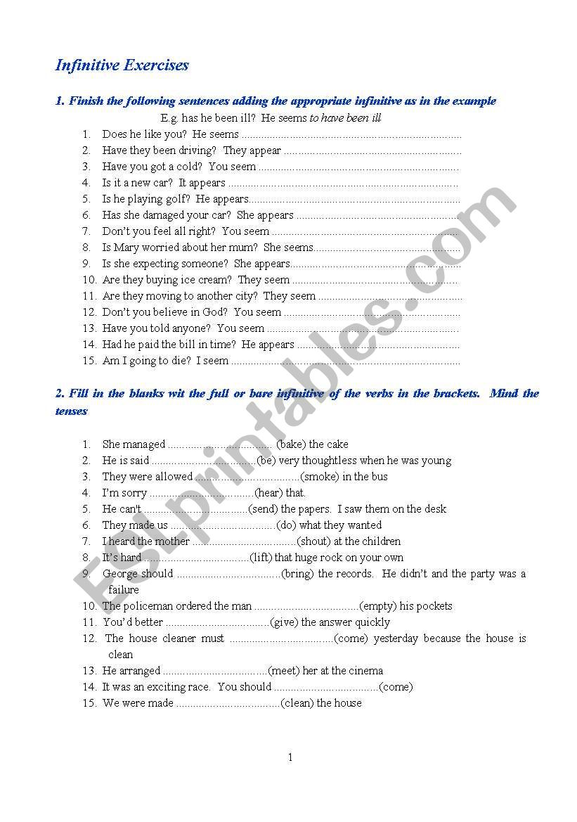 Infinitive exercises worksheet