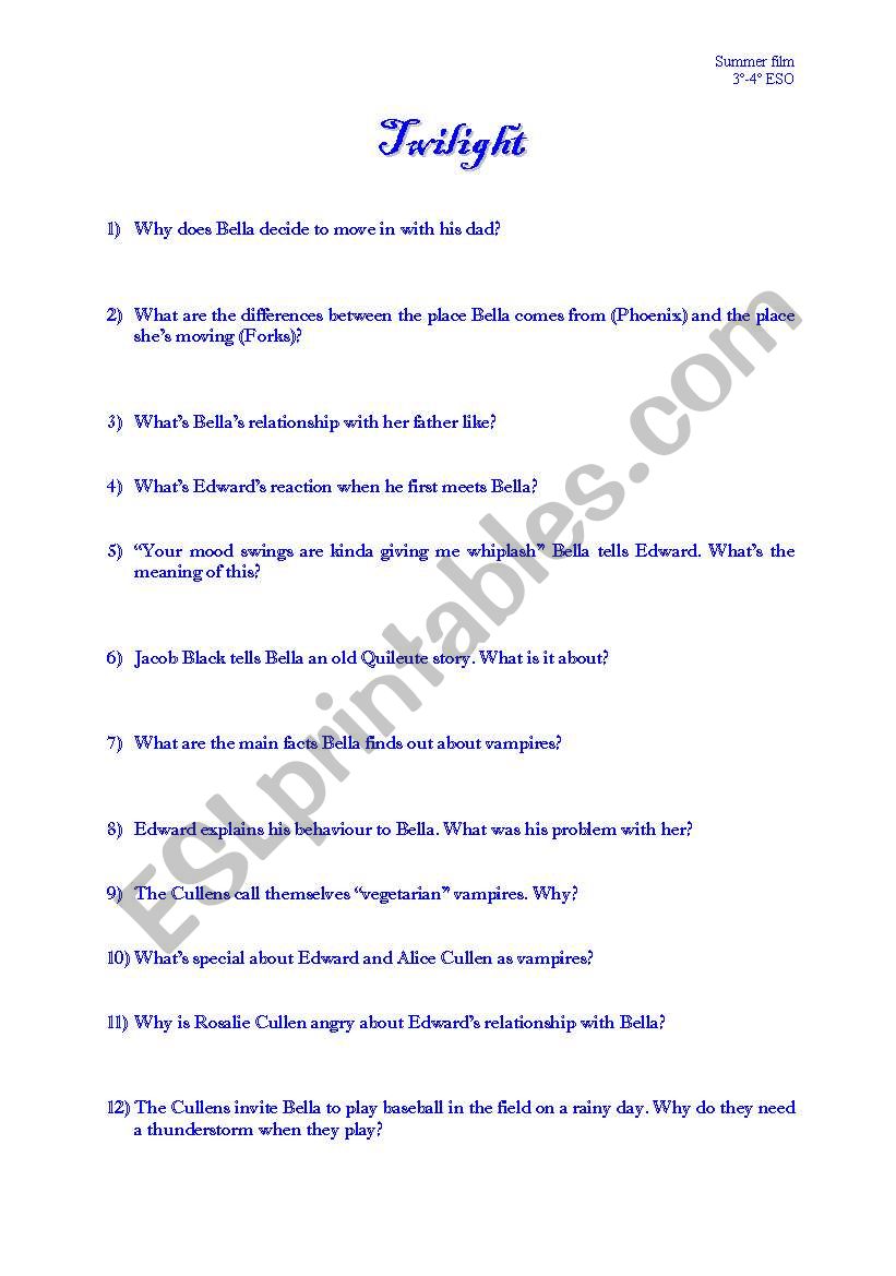 Twilight film worksheet worksheet