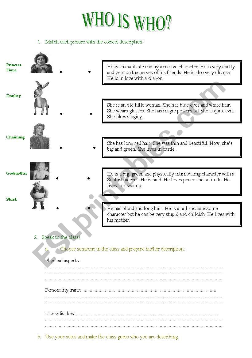 Shrek: whos who?  worksheet