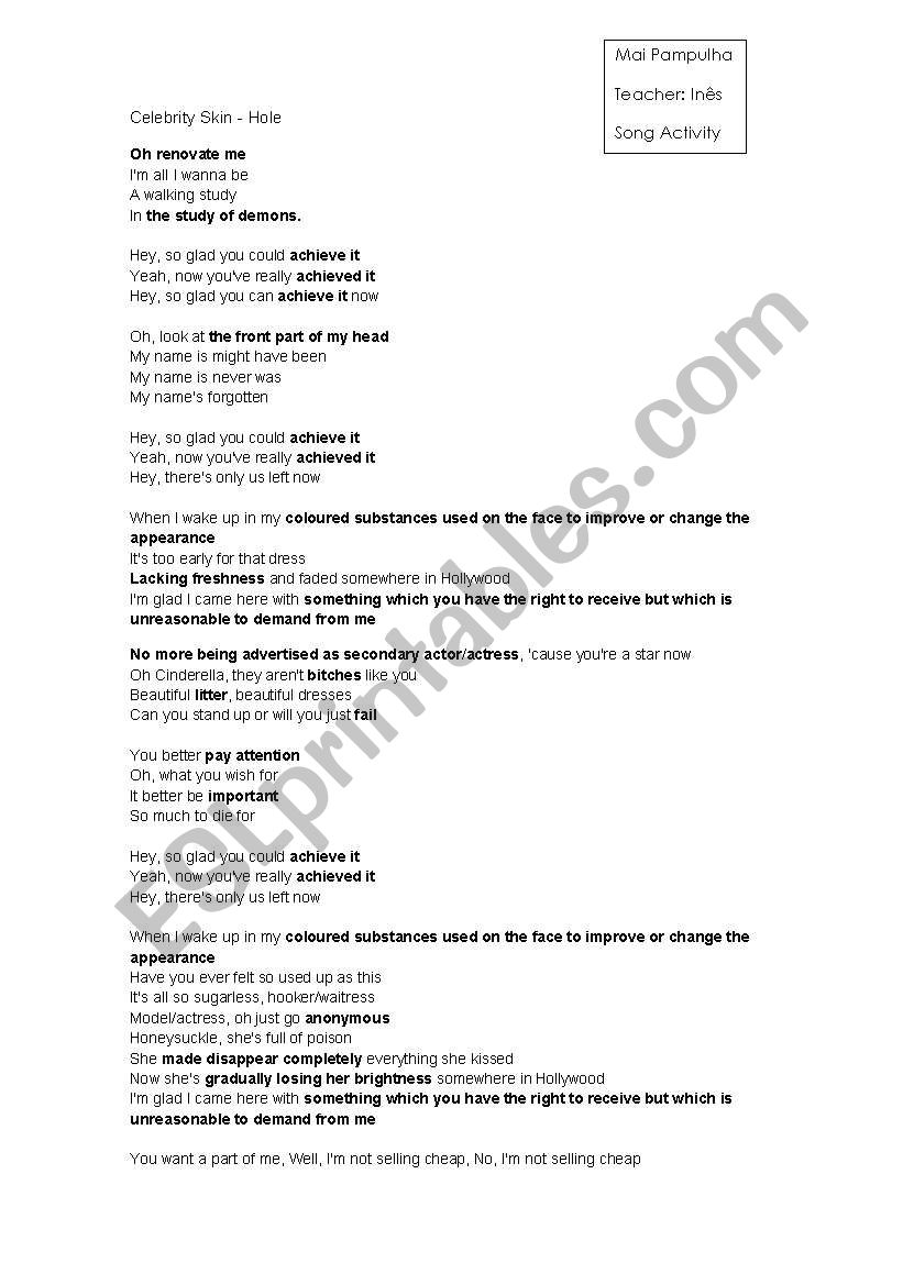 Celebrity Skin worksheet