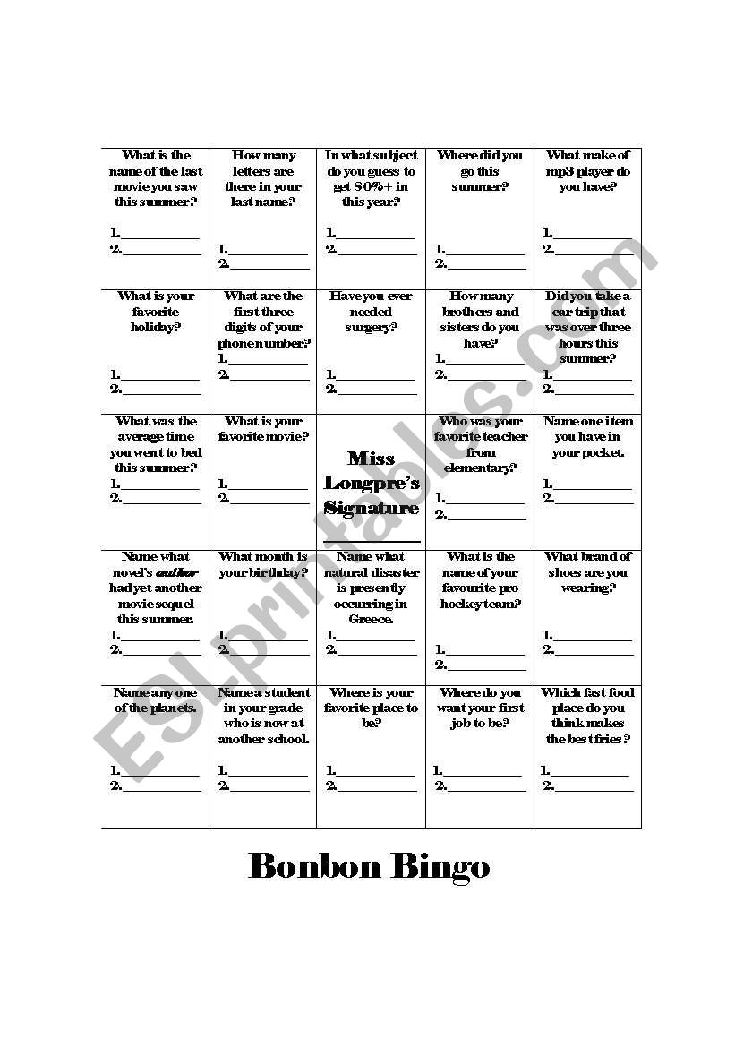 Bonbon Bingo worksheet