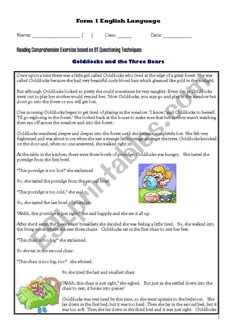 Goldilocks and Three Bears worksheet