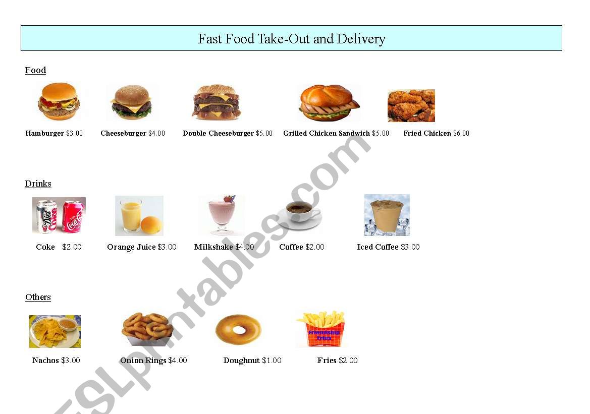 Fast-food menu worksheet