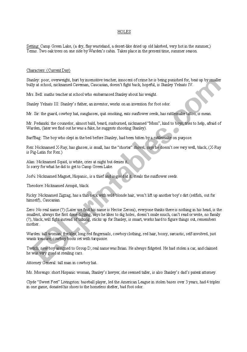 ´Holes´ LOUIS SACHAR Chapter Summaries And Questions - ESL Worksheet By ...