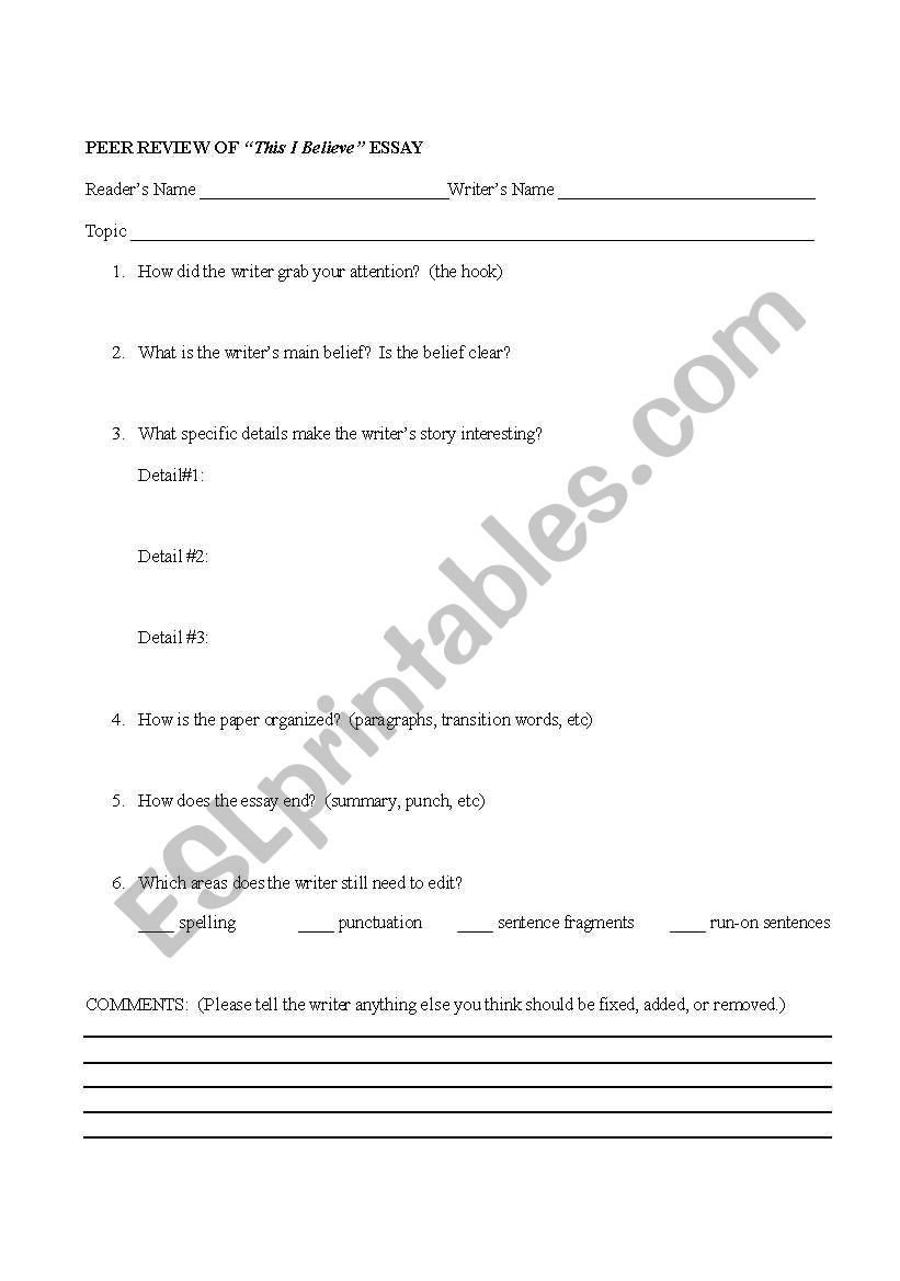 Peer Review worksheet