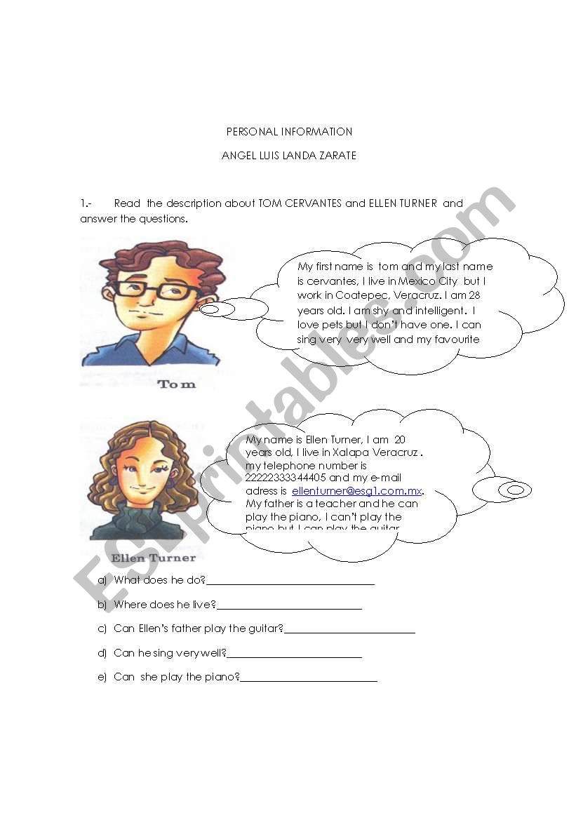 personal information worksheet