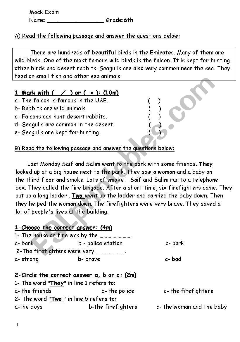 mock exam worksheet