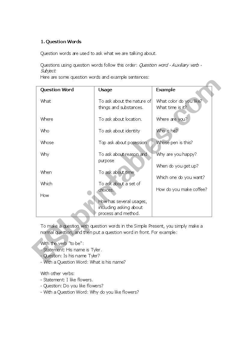 question words worksheet