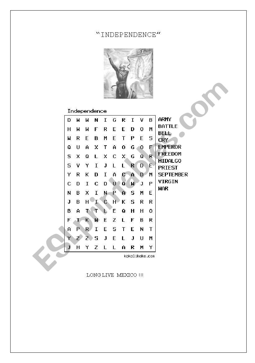 English Worksheets Mexican Independence Word Search