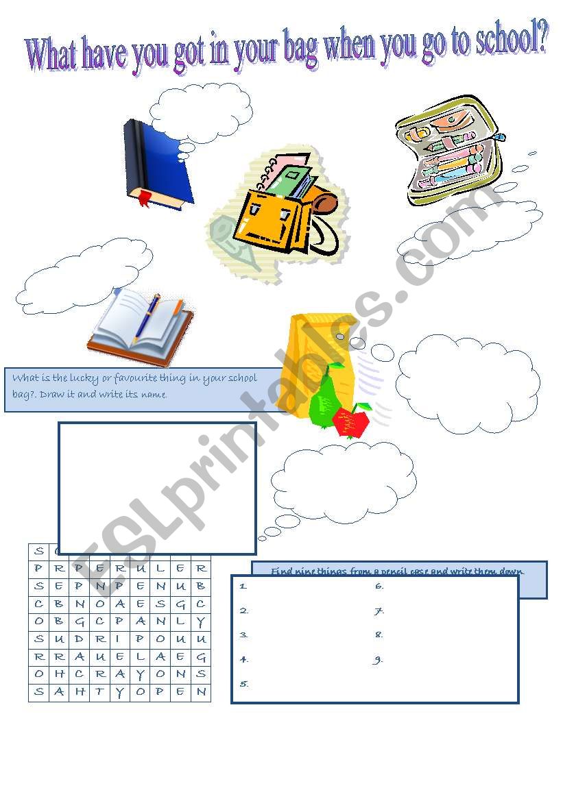 schoolbag&pencilcase worksheet