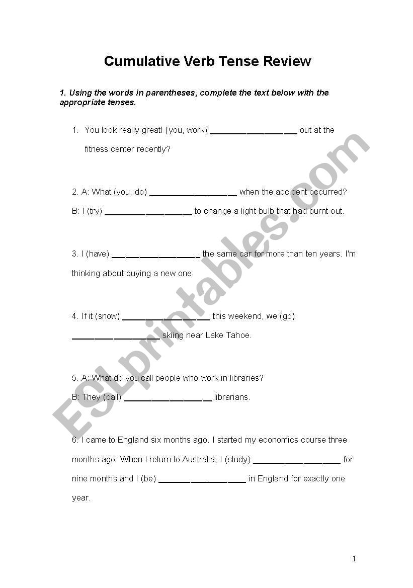 Verb Tenses Review worksheet