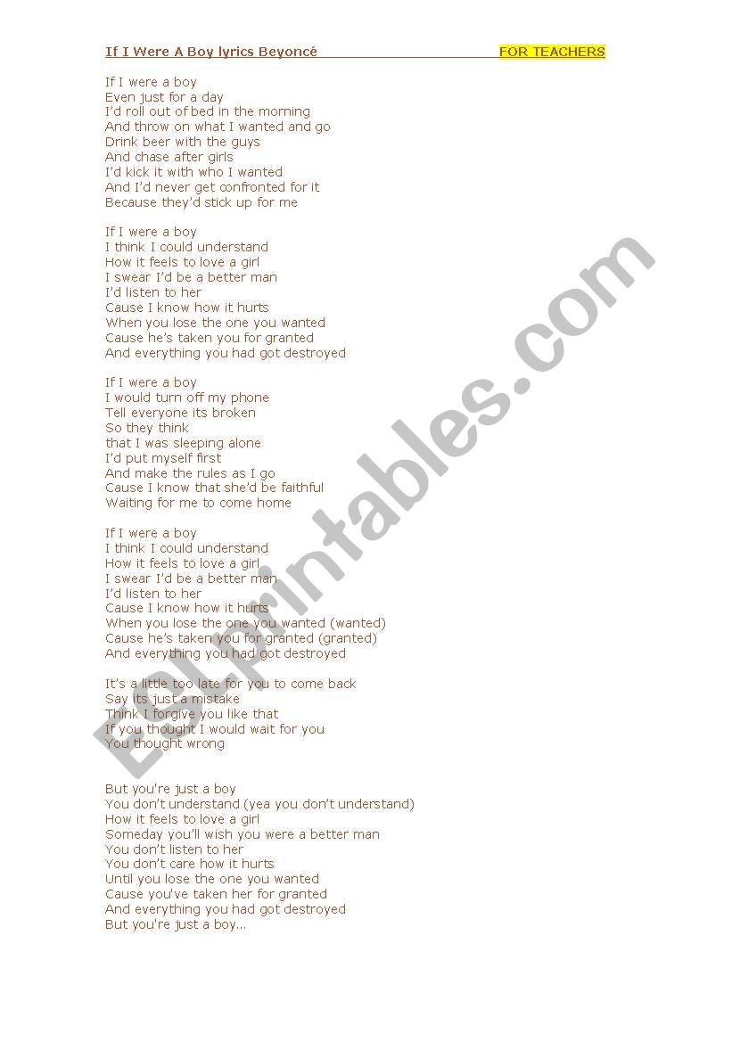 BEYONCE SONG (IF I WERE A BOY worksheet