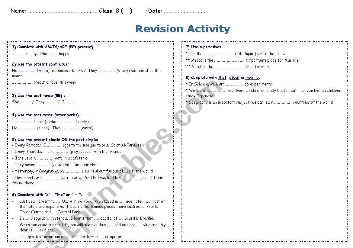 grammar revision worksheet worksheet