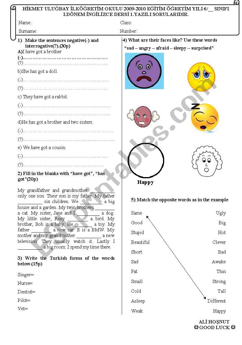 6th grade first examination worksheet