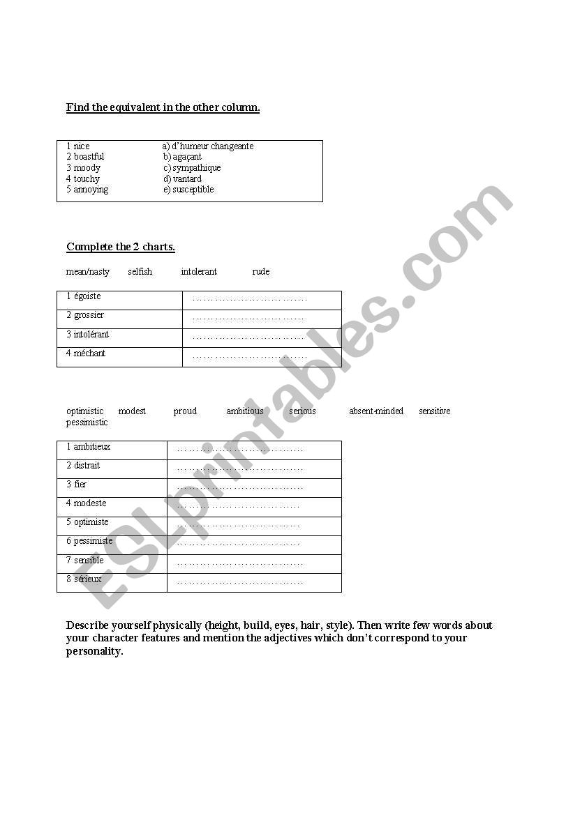 Describing peoples character worksheet