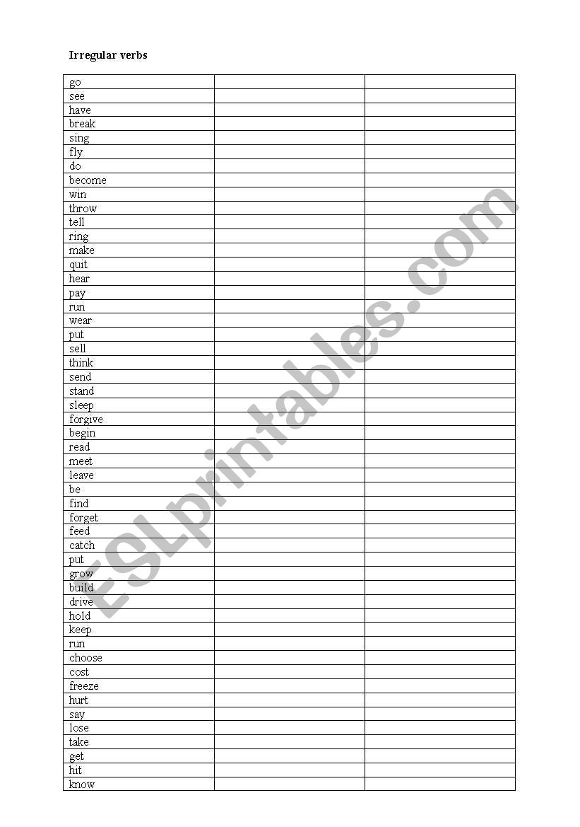 Irregular verbs worksheet