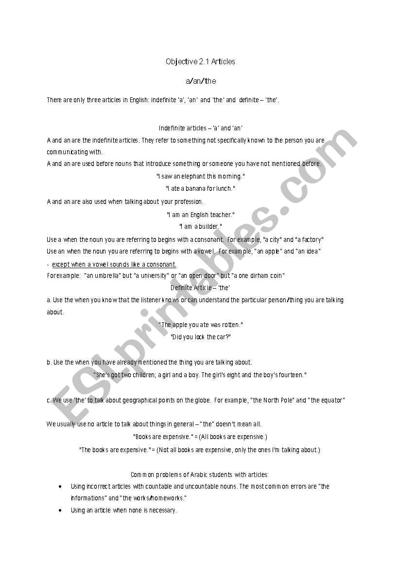 articles worksheet