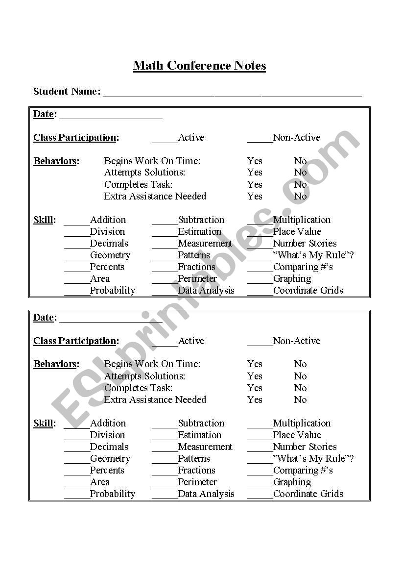 Math Conference Notes worksheet