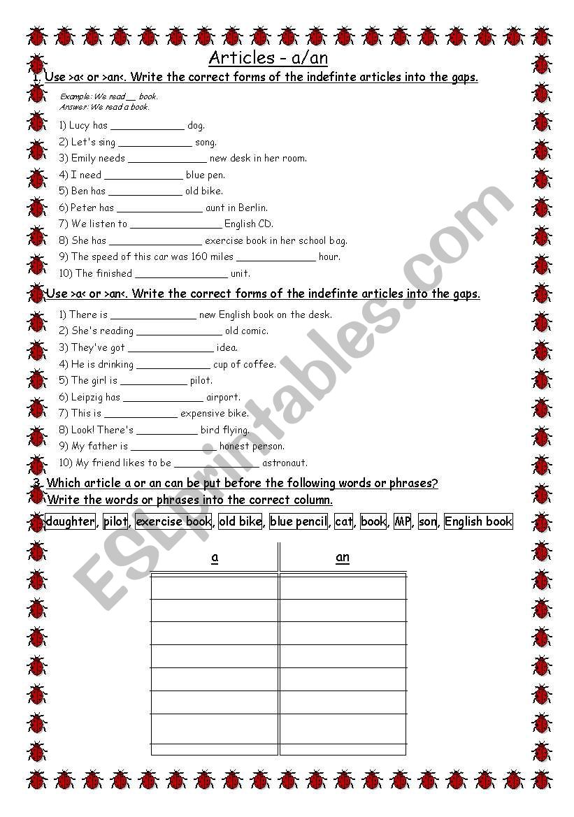 Articles a / an worksheet