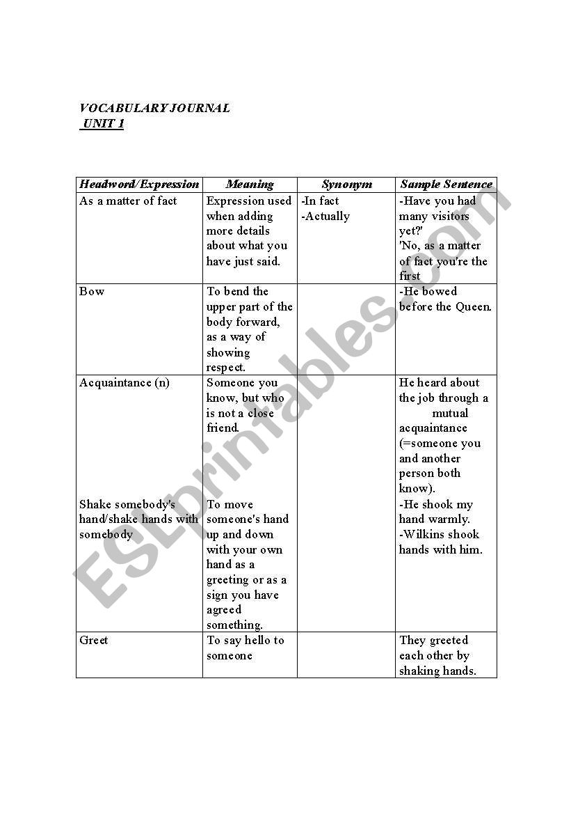 Vocabulary Journal worksheet