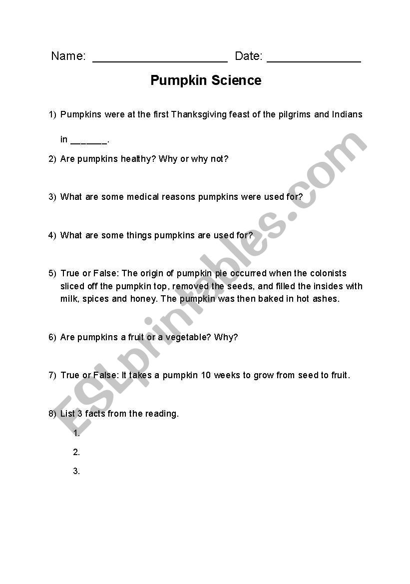 Pumpkin (Science/History) Article and Worksheet
