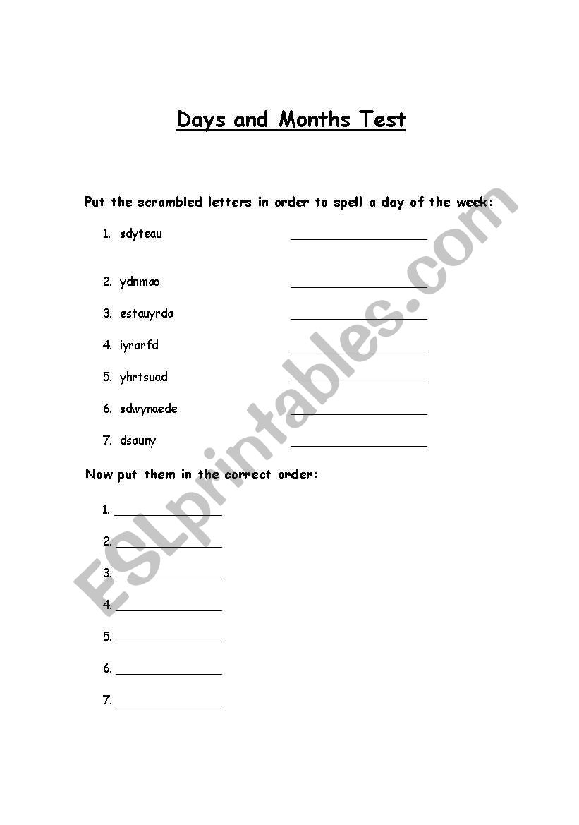 Days and Months Worksheet/ Test